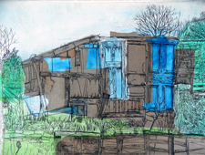 'Patchwork Shed' 26x34cm, Collage, Watercolour, Etching 