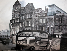 'Hackney Bus' Pen and Ink, Collage